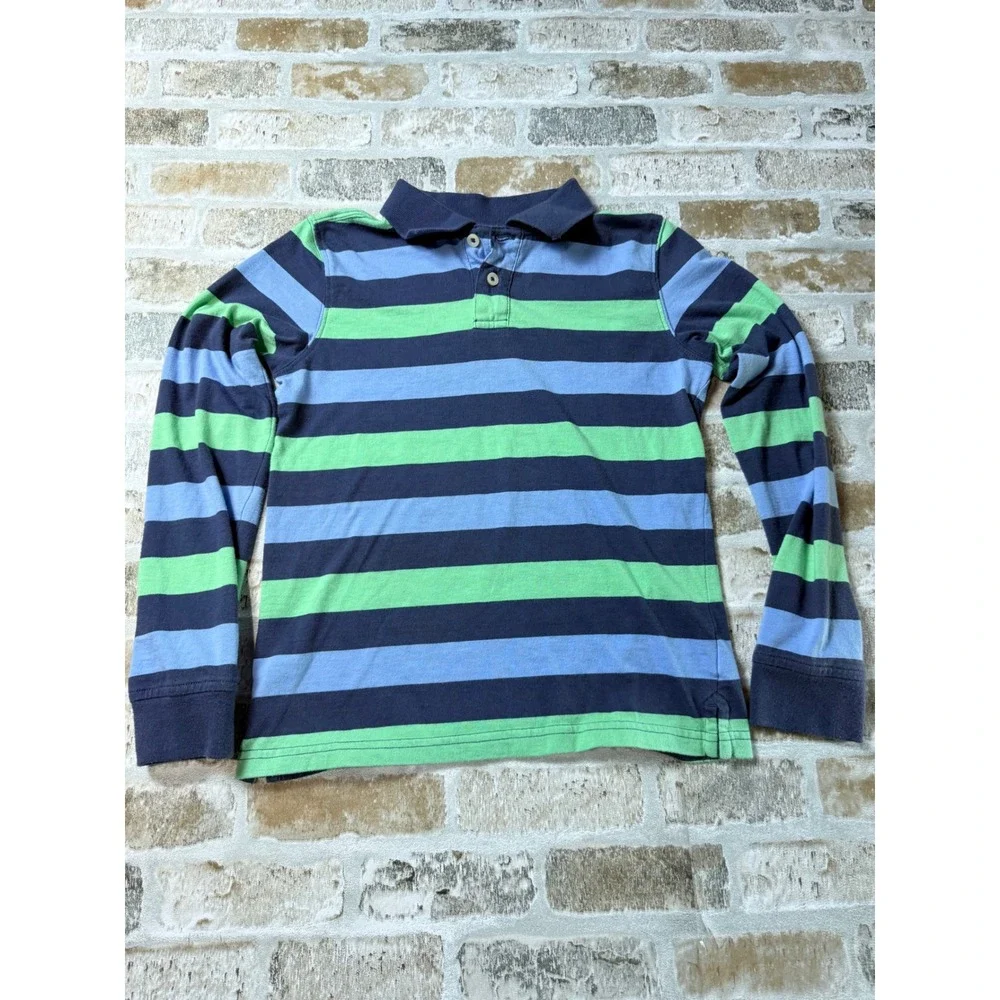 Crown & Ivy Boys Blue Green Striped Long Sleeve Polo Rugby Shirt Size‎ Medium
